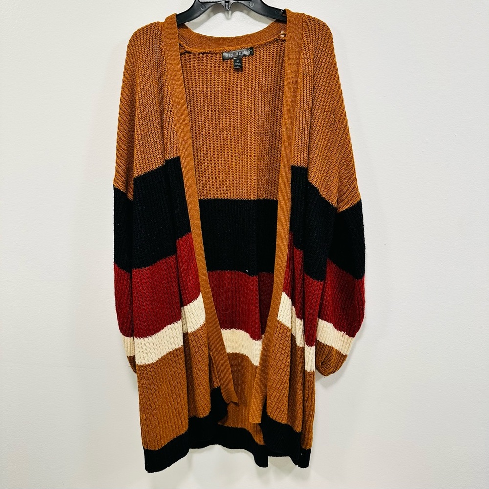 The buckle say what brand long color block cardigan and a women’s size medium!